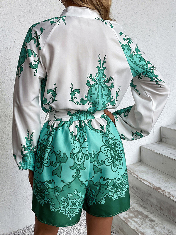 Vacation Puff Sleeves Loose Printed V-Neck Jumpsuit