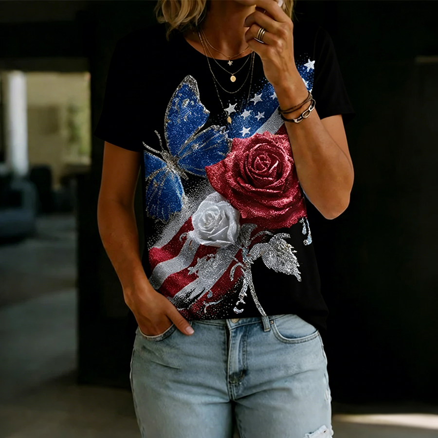 Ladies' Casual US National Day Flag Brick Floral Print Short Sleeved Round Neck T-Shirt
