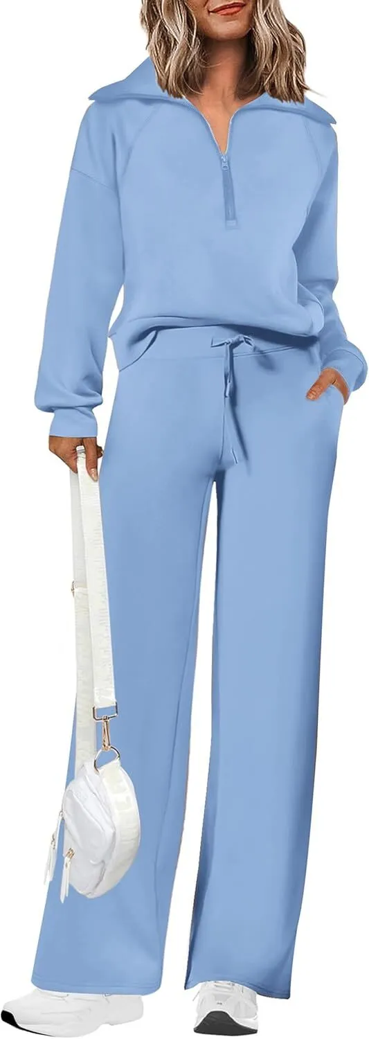 🔥Final Day Clearance!🛒Women's 2 Piece Outfits Casual Lapel Half Zip Sweatshirts And Wide Leg Pants Tracksuit Sets
