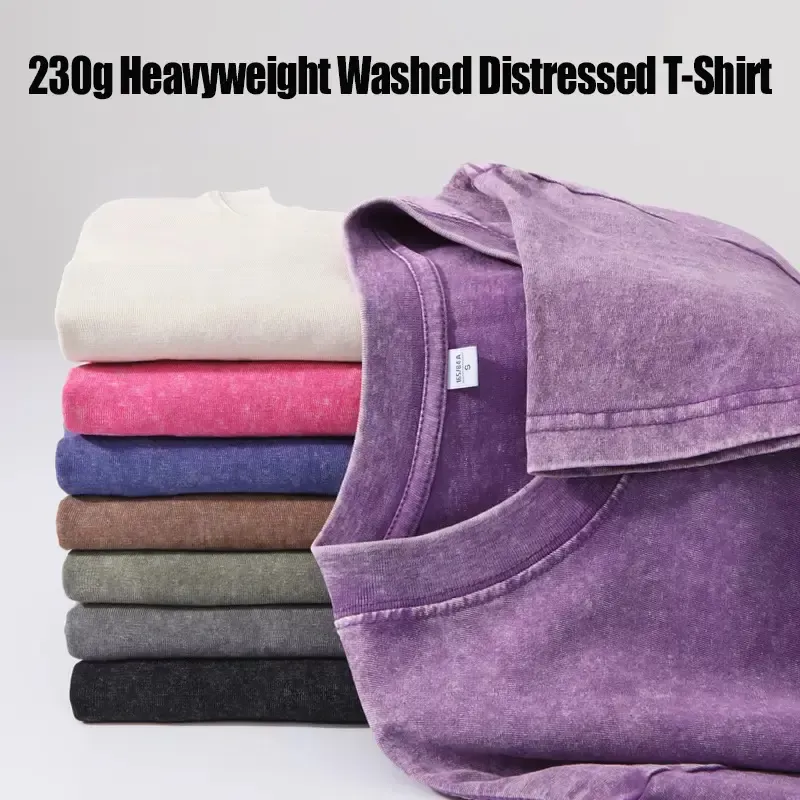 Men's plus-size retro heavyweight fitness T-shirt, pure cotton sports acid washed loose T-shirt