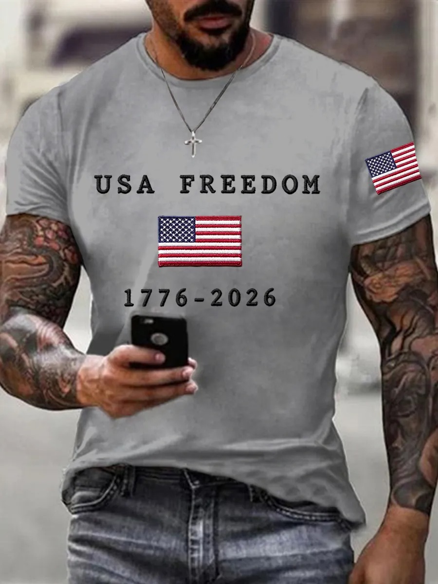 Men's American Free American Flag Printed Casual Independence Day Patriotic T-shirt