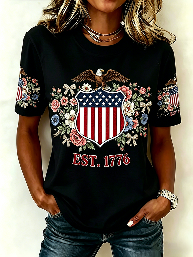 Ladies' Casual 250Th Anniversary Celebration Of The Founding Of The United States, Personalized Floral Print Round Neck T-Shirt