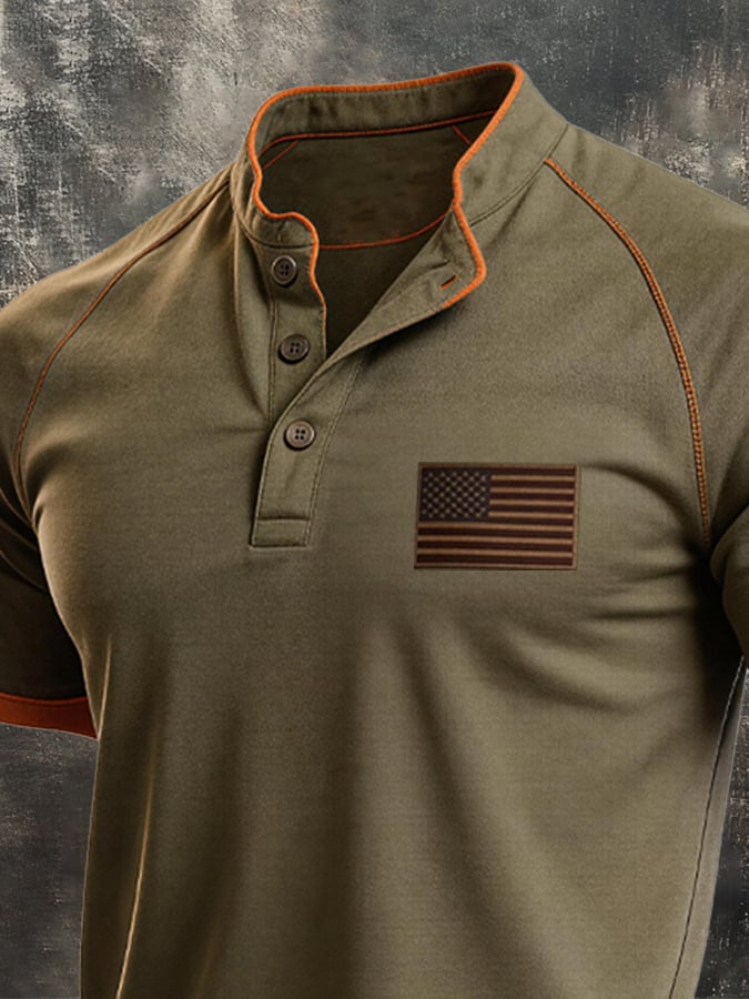 Men's Retro Color-Block 100% Cotton Stretch Short-Sleeve Henley T-Shirt