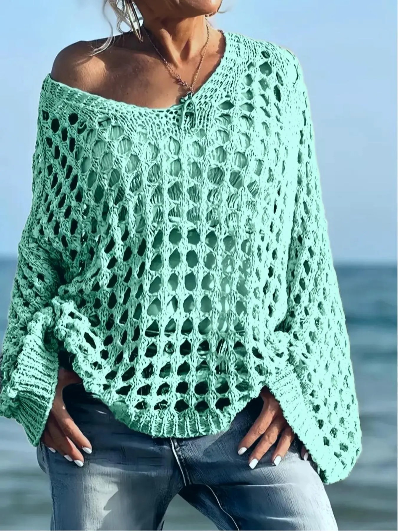 Women’s Casual Loose-Fit V-Neck Knit Top – Hollow Out Design, All-Season Wear
