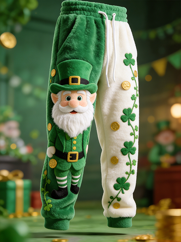 Men's St. Patrick's Day Leprechauns Shamrock And Gold Coins Art Print Casual Flannel Pants