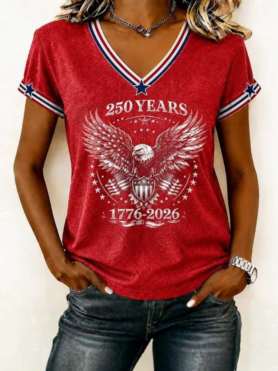 Women's America Flag Floral Print Casual V-Neck T-Shirt
