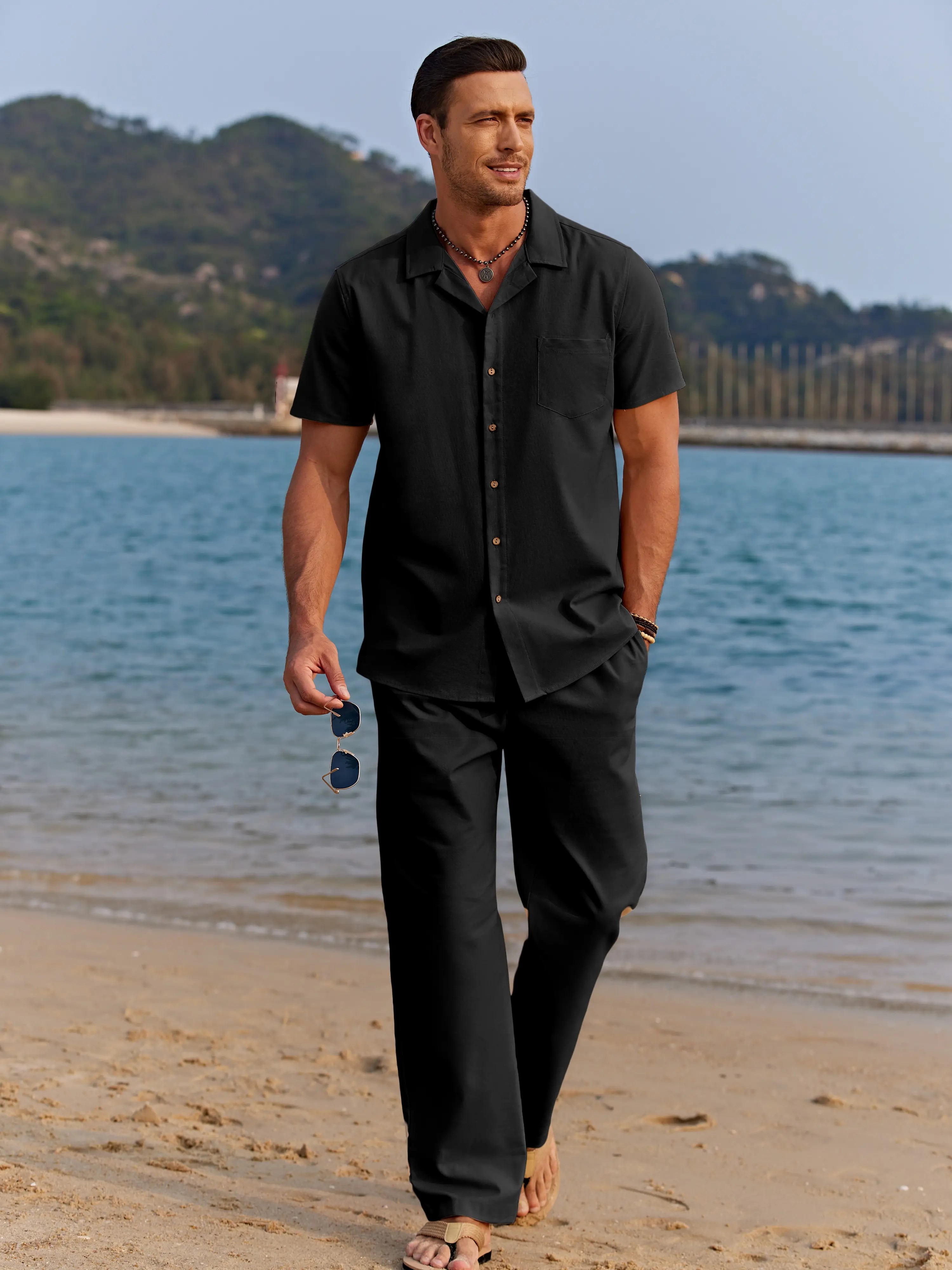Men's 2-Pack Linen Beach Set – Camp Collar Button Down Shirt & Loose Drawstring Pants, Breathable Summer Outfit