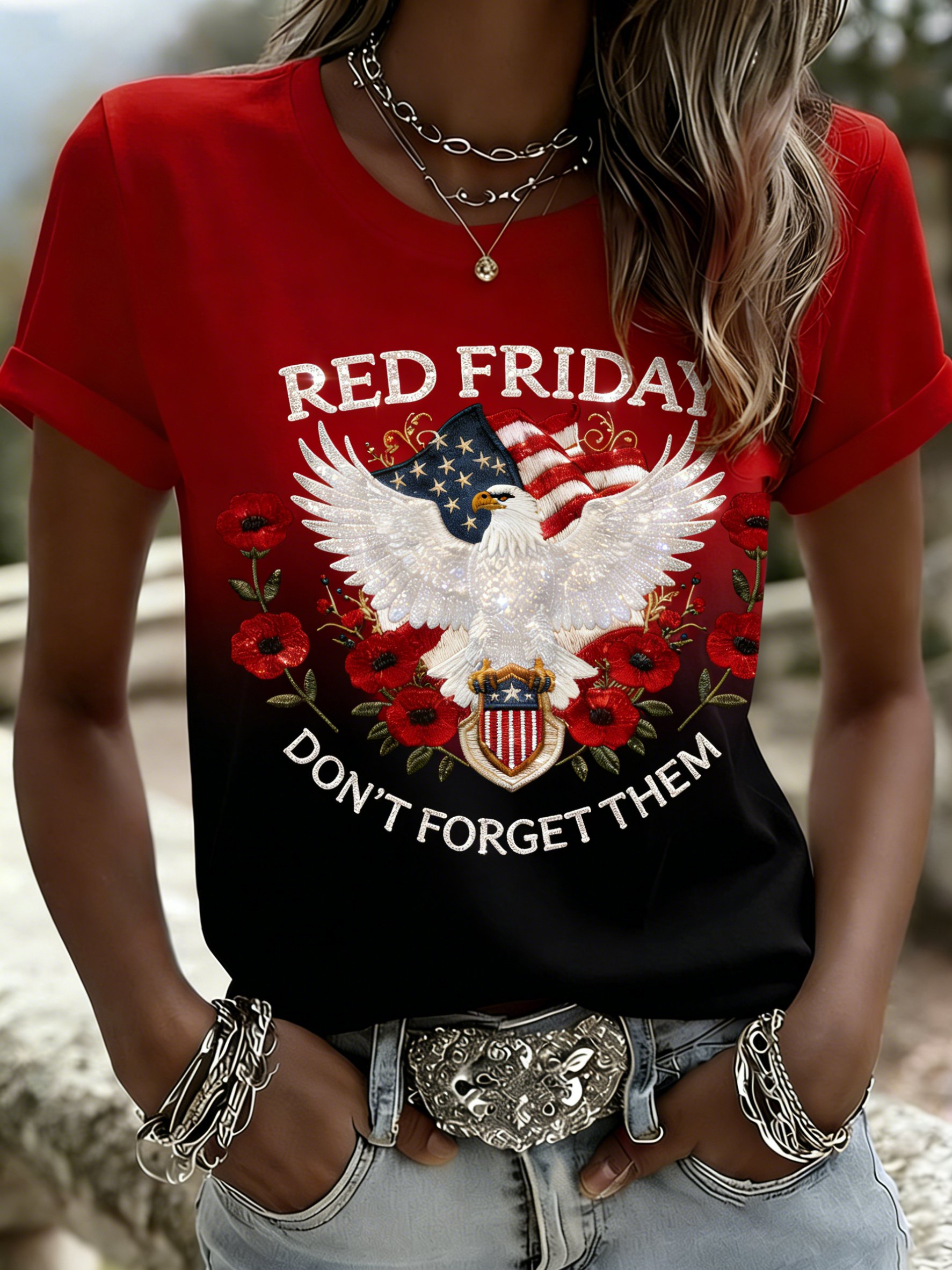 Women's Red Friday Print Casual Crew Neck Top