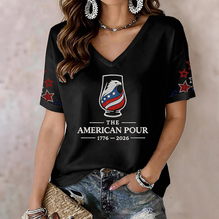 Women's The American Pour Rhinestone Pattern V-Neck T-Shirt