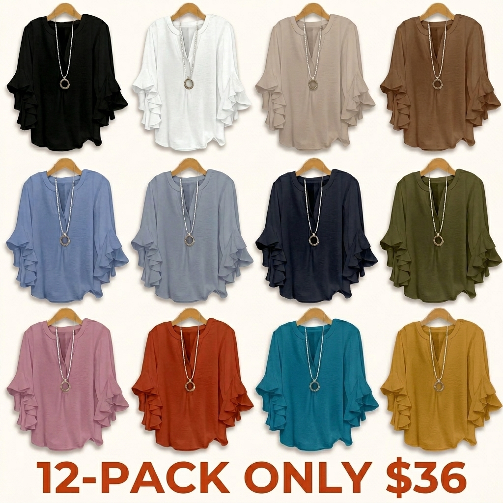 Plus-size women's V-neck blouse with ruffle sleeves and an elegant floral print