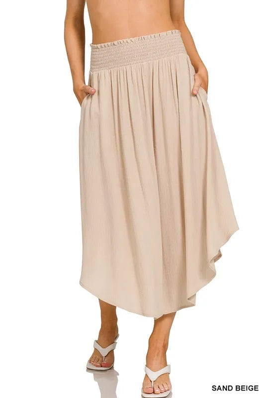 Zenana Woven Crinkle Smocked Waist Maxi Skirt W Pockets