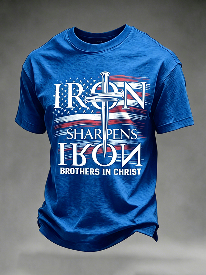 Men's Iron Sharpens Iron Brothers In Christ USA Flag Christian T-Shirt