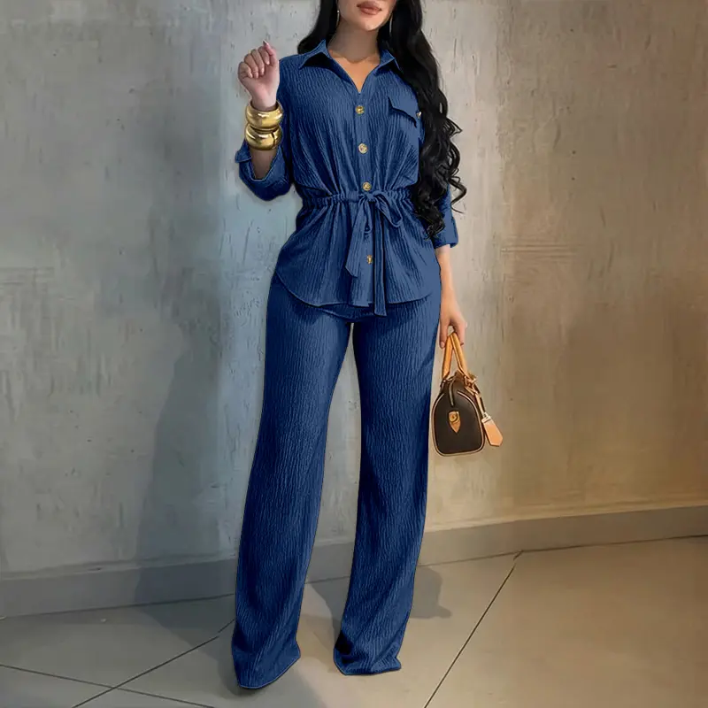 Women's 2 Piece Outfit Vintage Textured Drawstring Waist Turn-down Collar Button Down Top & Elastic Waist Wide Leg Pants Set