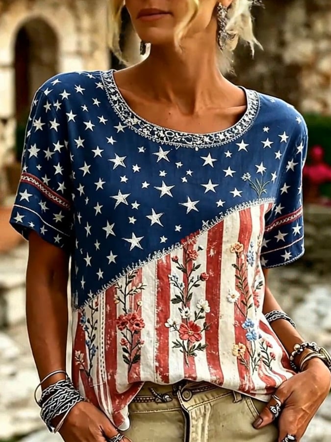 Women'S Casual Independence Day Print Top