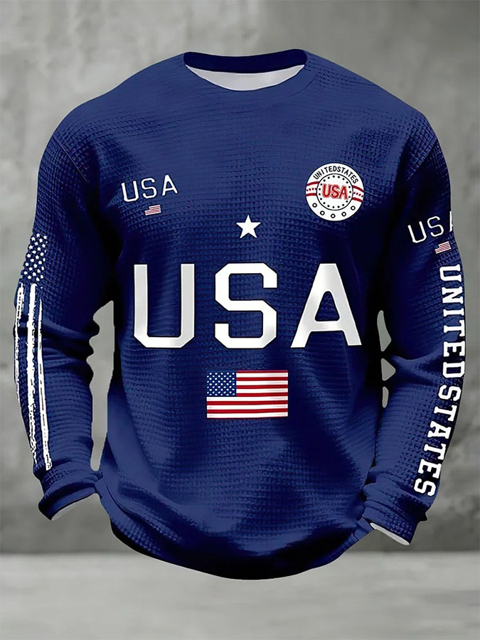 Men'S Retro Waffle American Flag Commemorative 250Th Anniversary Printed Long Sleeve Round Neck Sweatshirt