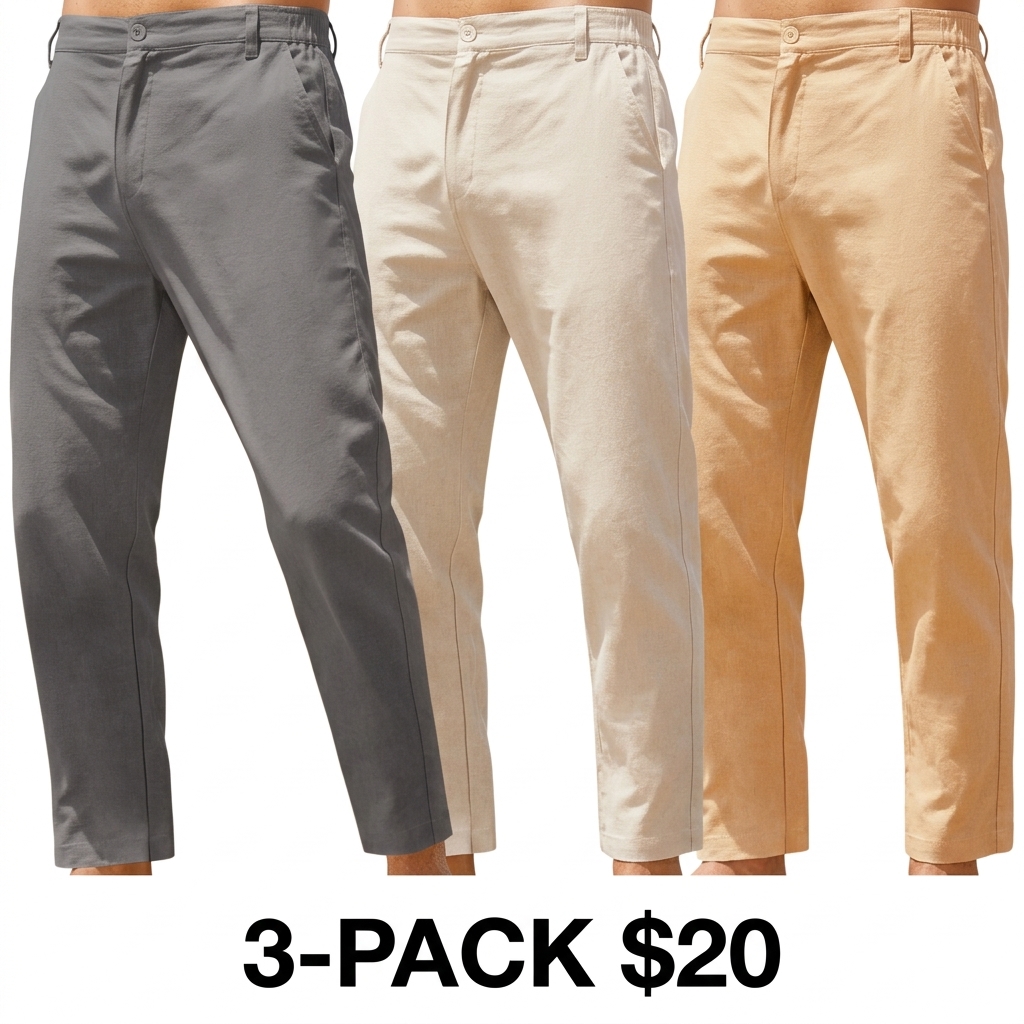 Men's Cotton Linen Slim Fit Pants – Elastic Waist Lightweight Casual Trousers with Pockets