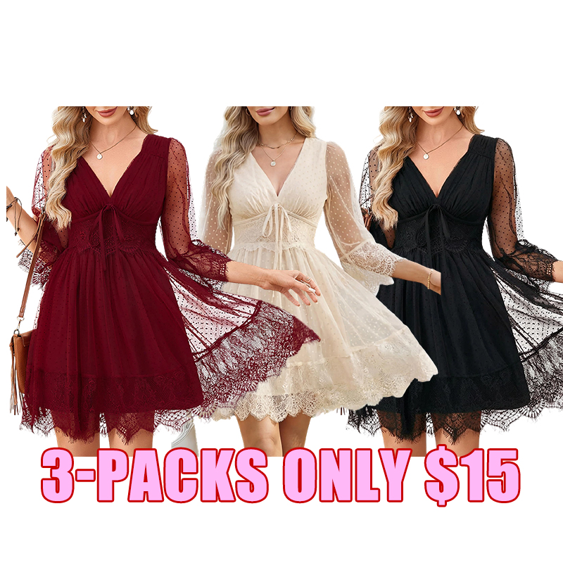 Boho Lace Deep V Bow Tie Mini Dress