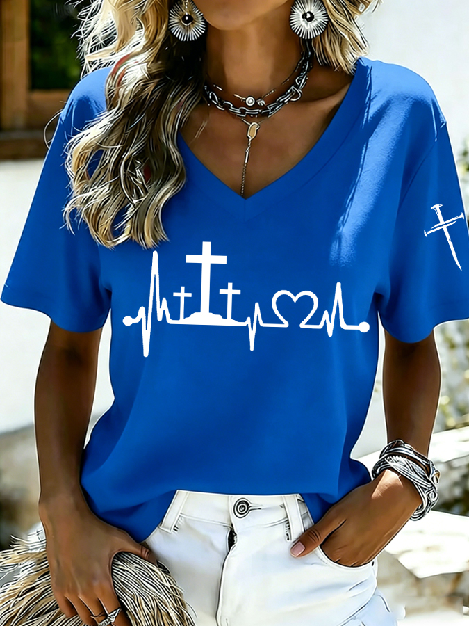 Women's Jesus Three Crosses Heartbeat Print Casual T-shirt