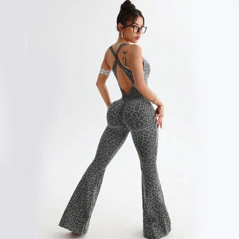 Women's Leopard Print Flared Workout Bodysuit