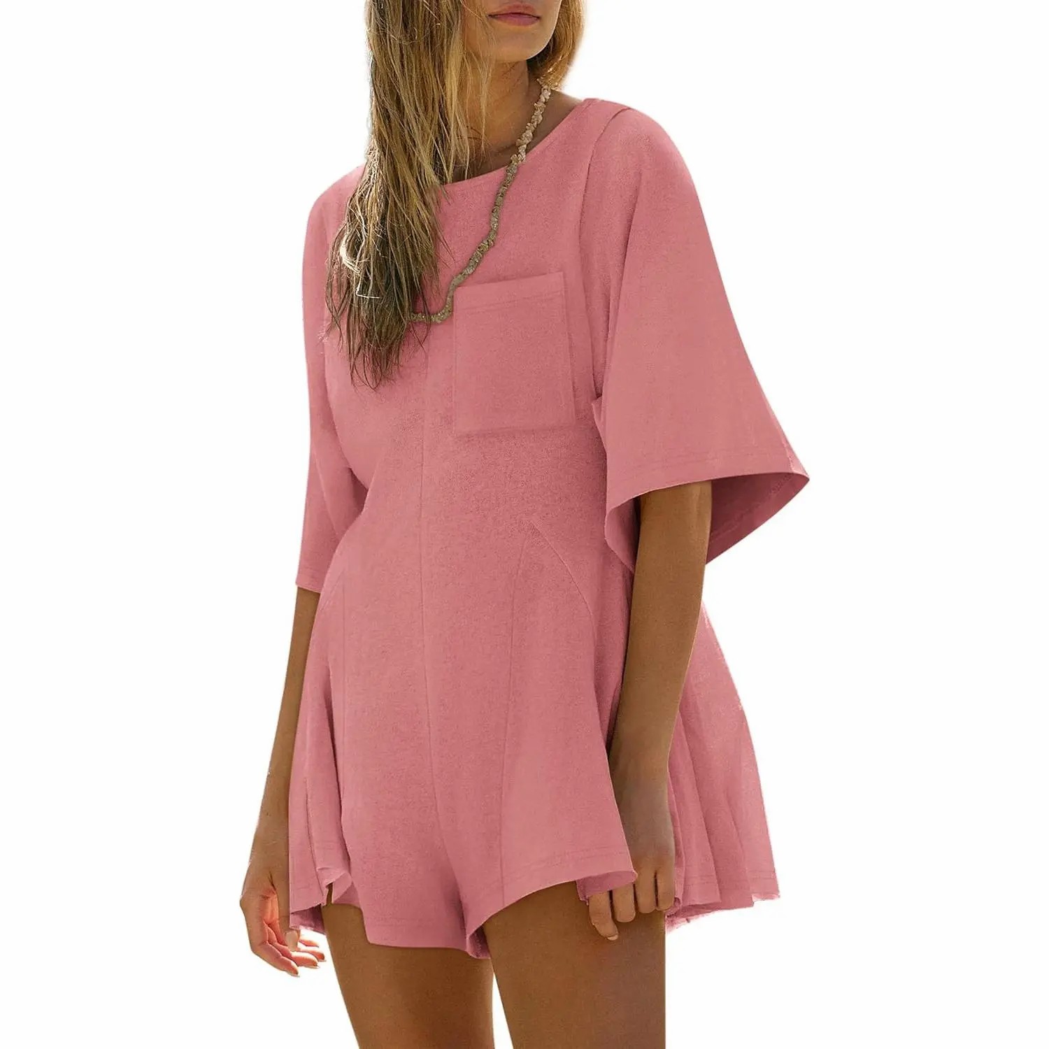 Women's Short Sleeve Loose Jumpsuit – Casual Crew Neck Romper with Pockets