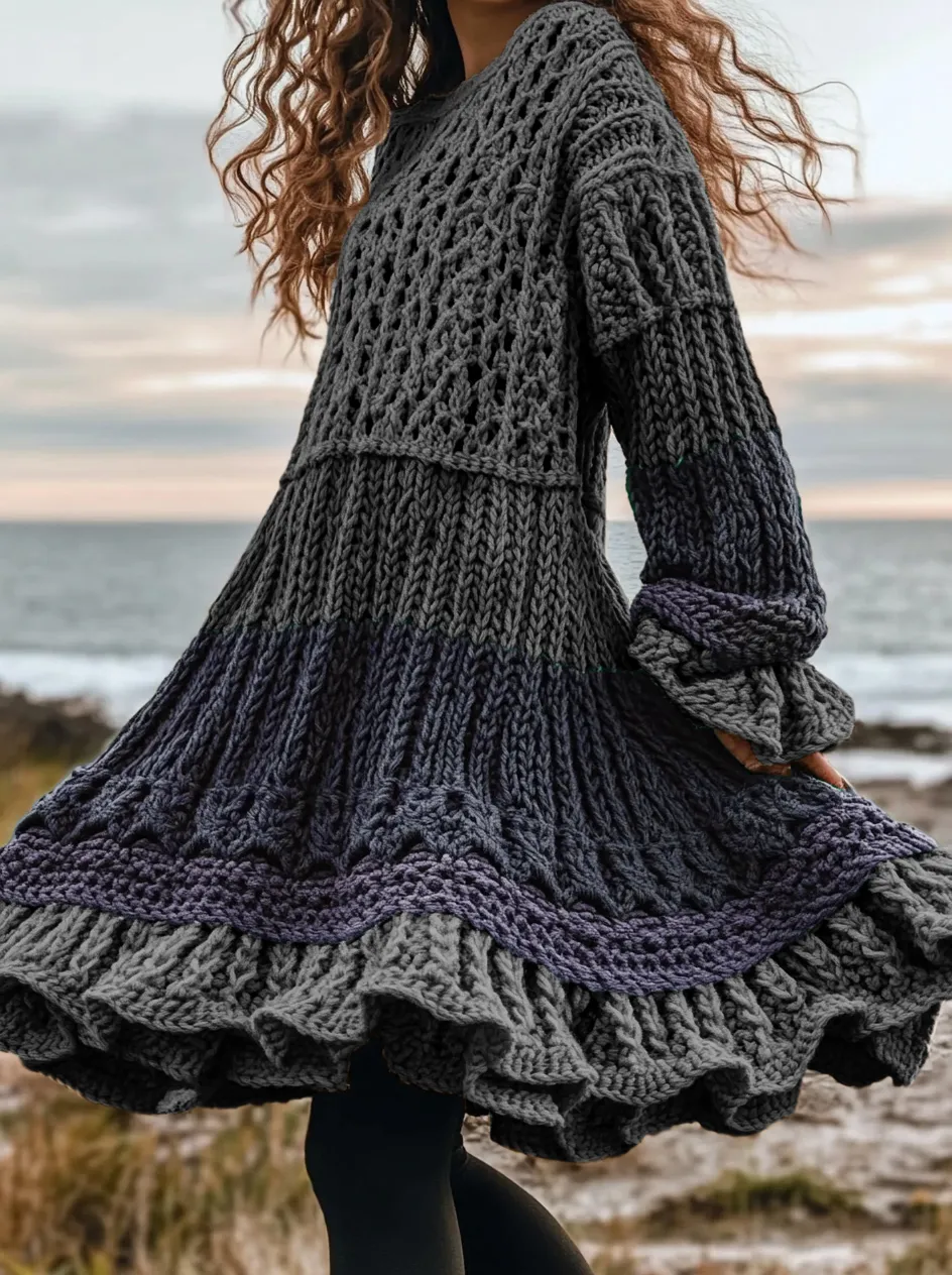 Women's Celtic Knotted Color Block Jacquard Crew Neck Sweater Dress