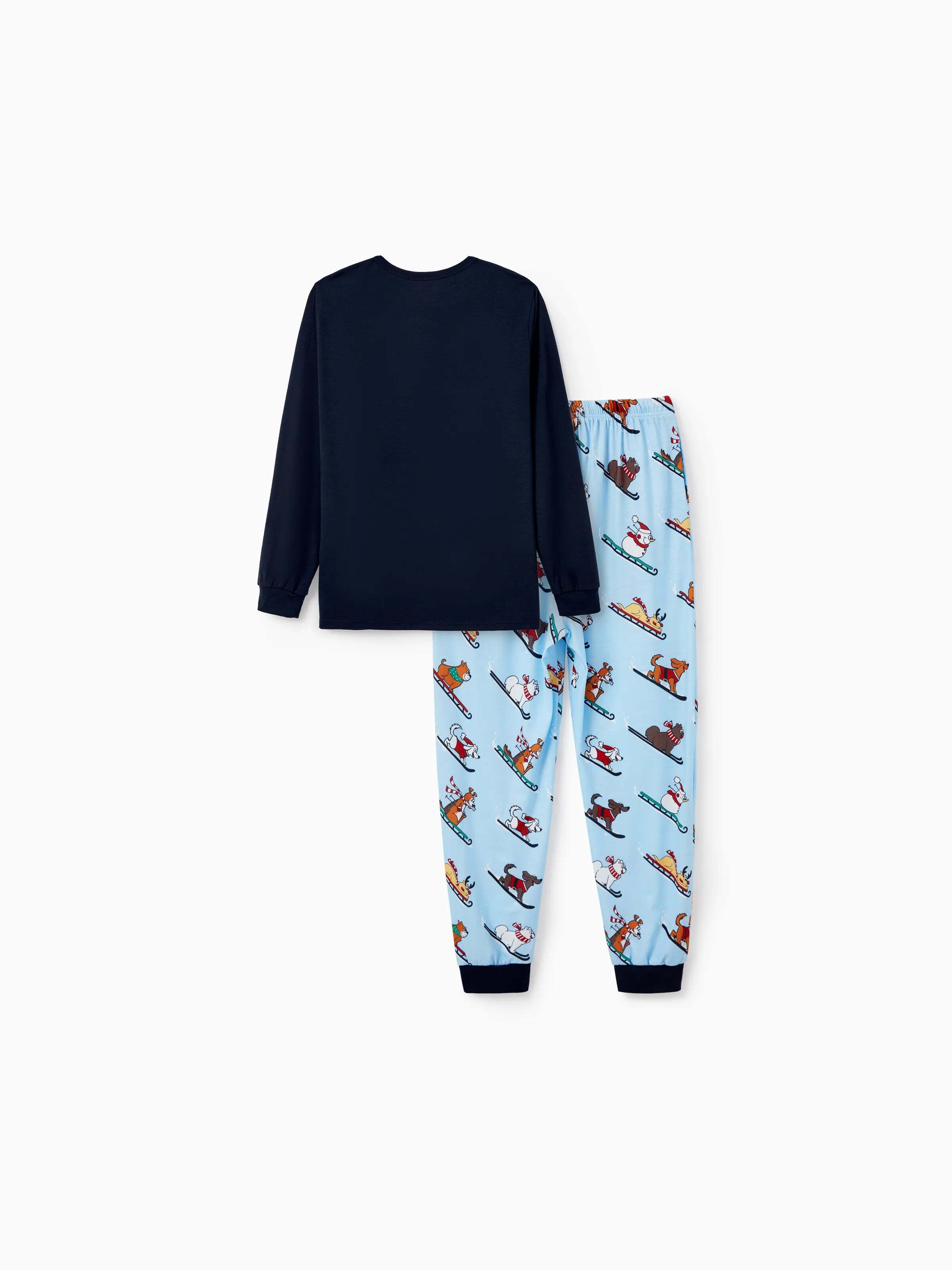 Christmas Matching Family Pajamas Set Sled Dogs Print PJS with Christmas Socks Blue