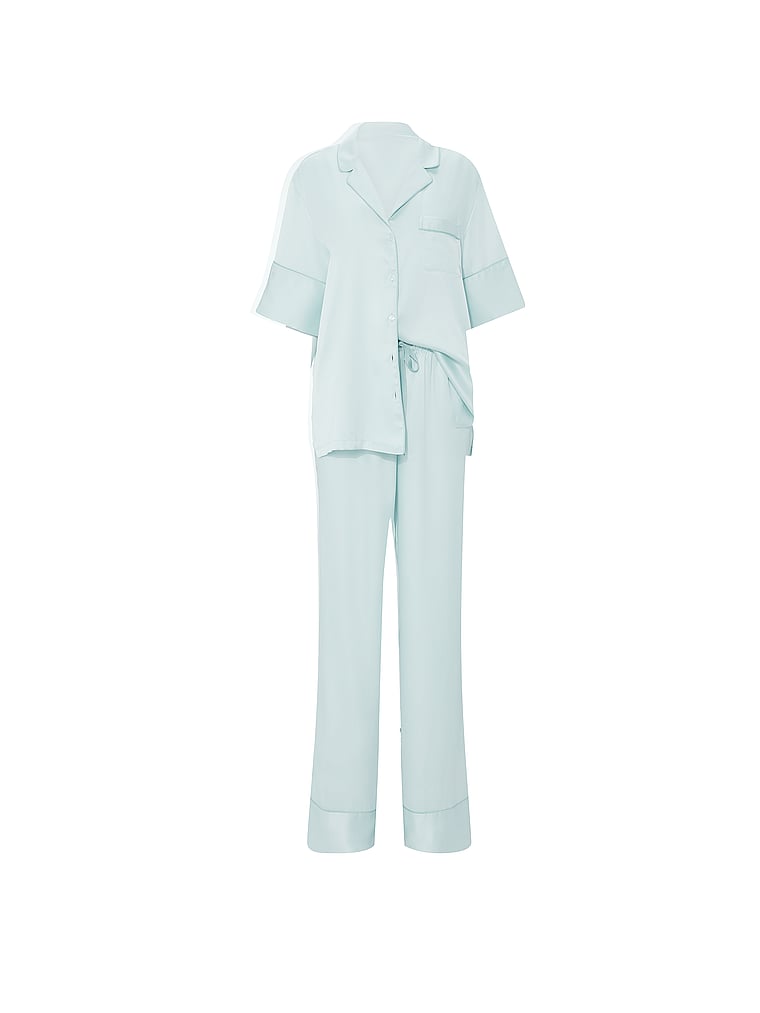 Signature Satin Short-Sleeve Long Pajama Set  Yacht Blue