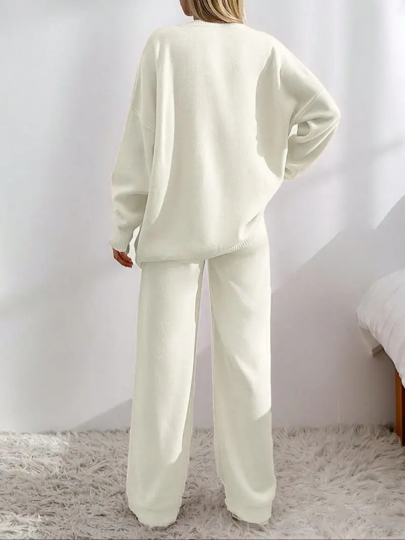 Women's  V Neck Cardigan & Elastic Waist Wide Leg Pants Two-piece Set