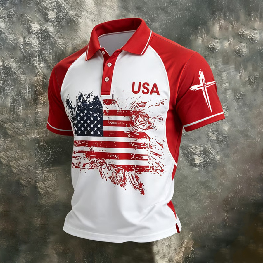 Men'S Retro American Founding Celebration Cross Sleeve Polo Shirt