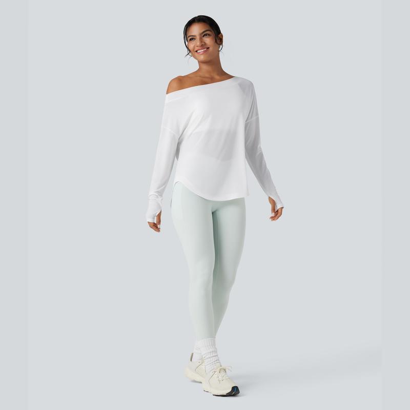 Women’s One-Shoulder Long Sleeve Yoga Top with Built-In Bra