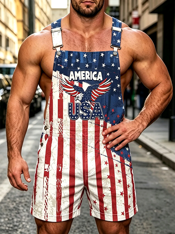 Men's American Eagle And Star Stripes Print Shorts Overalls