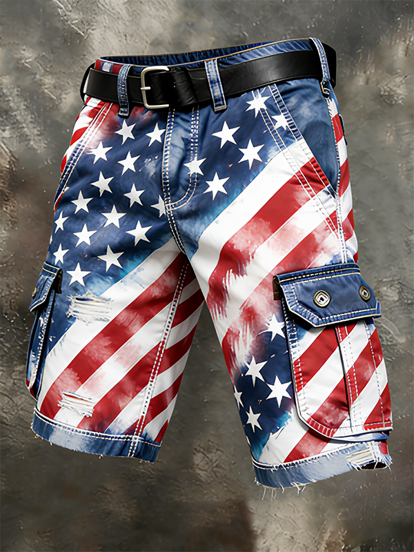 Men's Stars Stripes American Flag Print Denim-Like Cargo Shorts