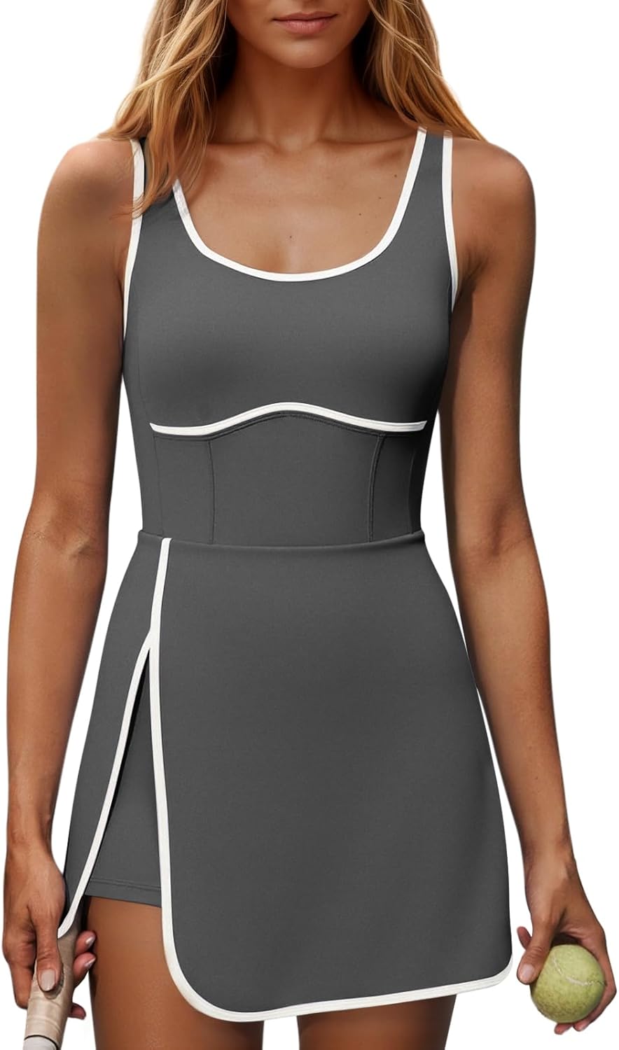 Womens Workout Tennis Dress with Built-in Bra & Shorts Pockets Sleeveless Cutout Golf Athletic Mini Dresses