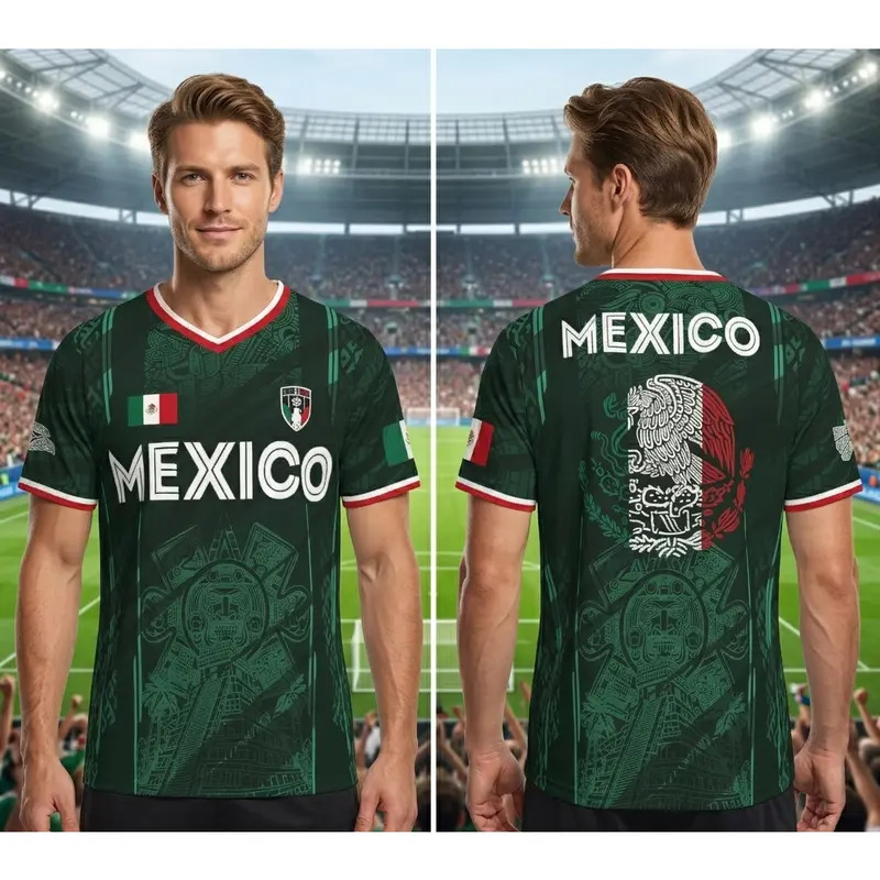 2026 Mexico soccer jersey—a retro-style shirt featuring a pattern of the Chichén Itzá pyramid