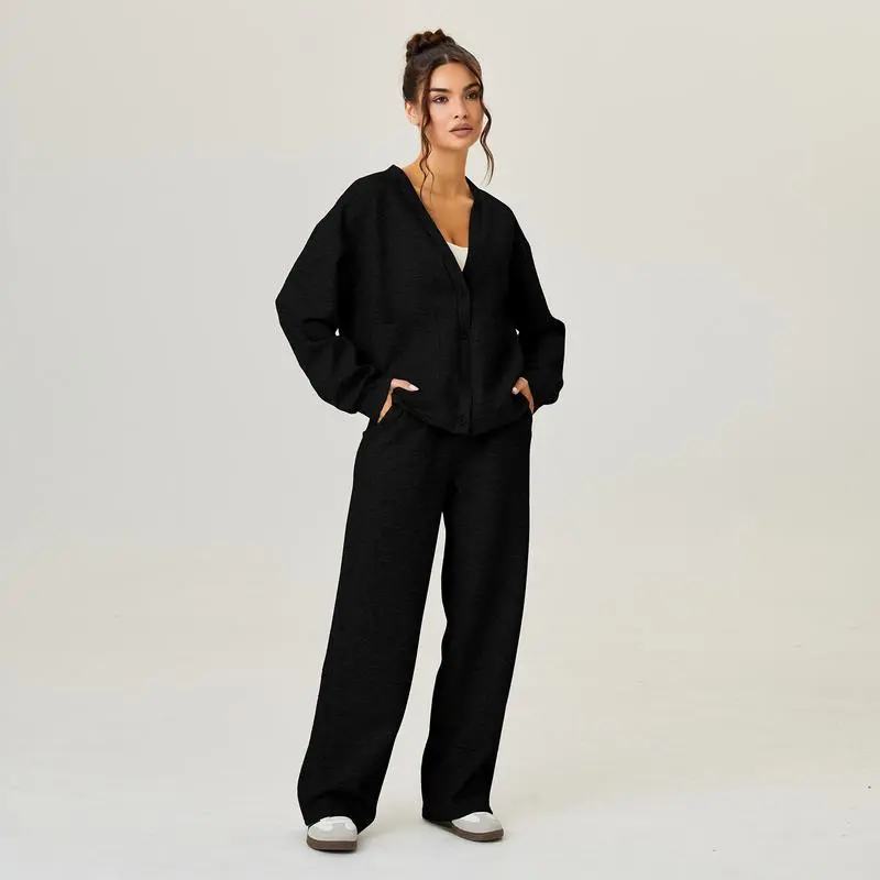 Women's Slouchy V-Neck Button Cardigan & Drawstring Pants Two-Piece Set
