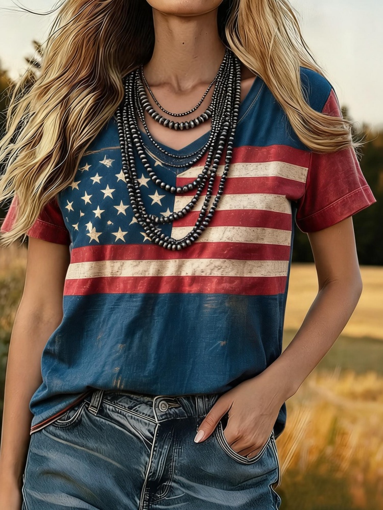 Vintage American Flag Element Pattern Design Casual T-shirt