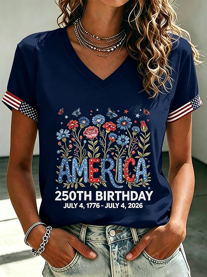 Women's 250th Anniversary  Flower Art  Print Casual V-Neck Vest