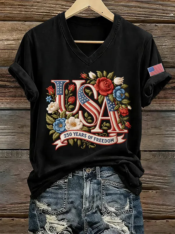 Women's 250th Anniversary Freedom Print V-Neck T-Shirt