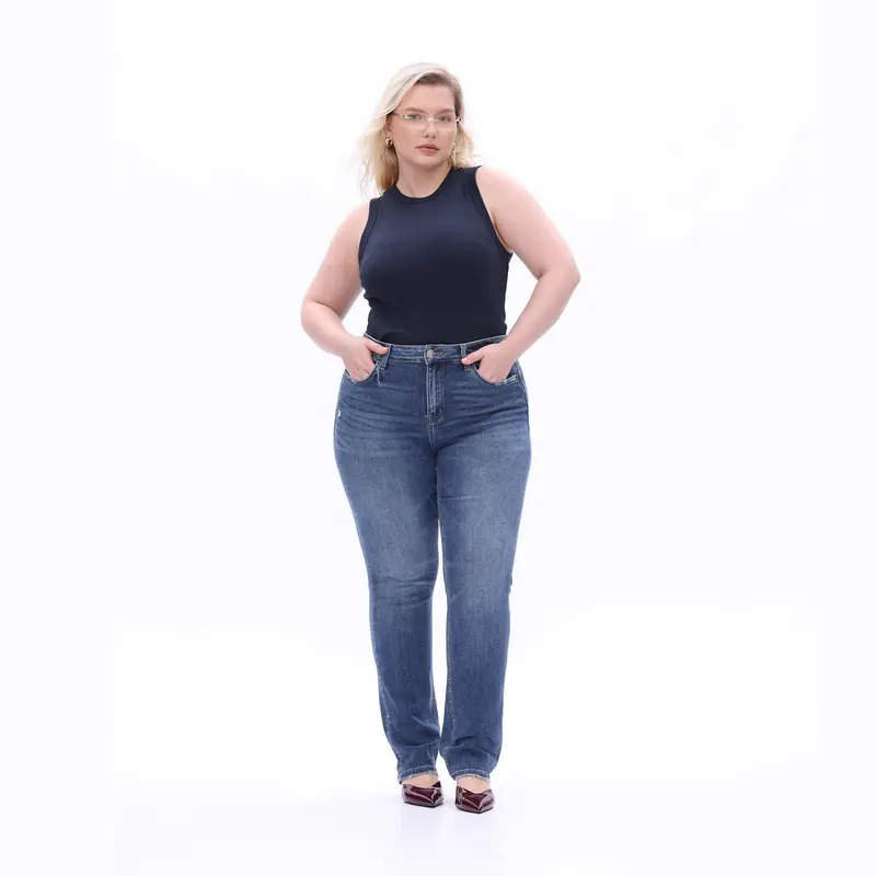Plus-size high-waisted, medium-stretch denim jeans