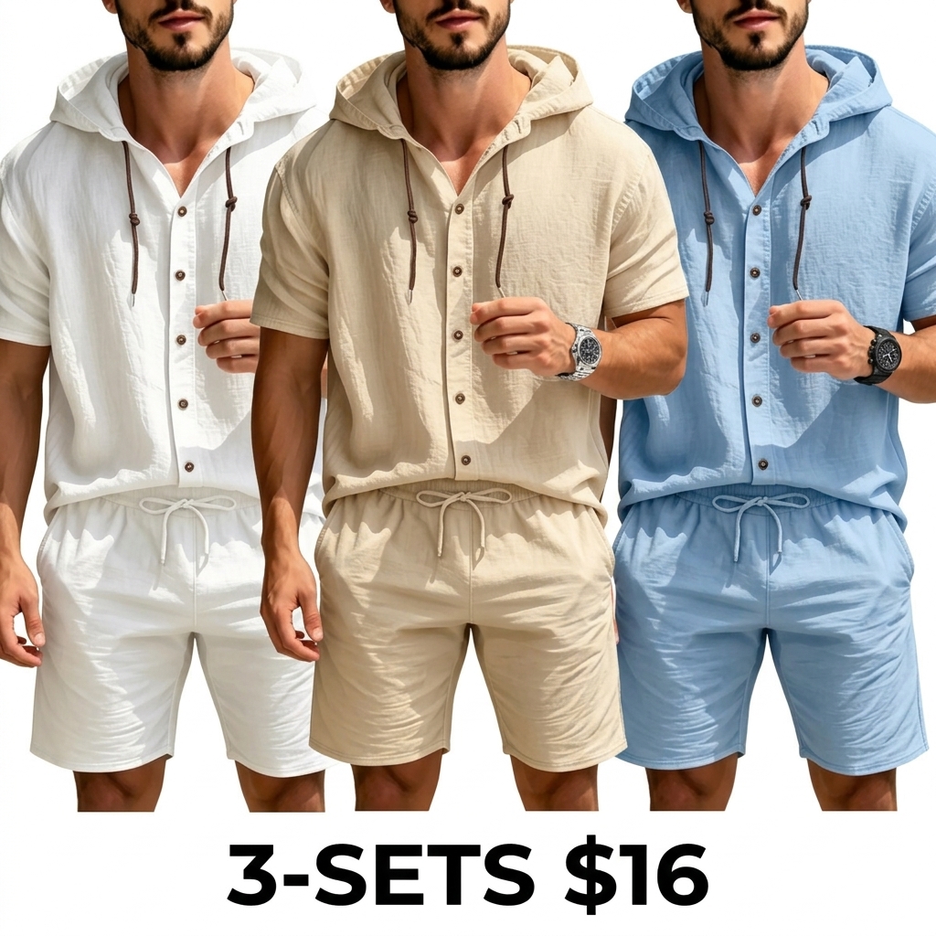 Men's Linen 2-Piece Summer Set – Hooded Henley Top & Matching Shorts, Casual Versatile Outfit