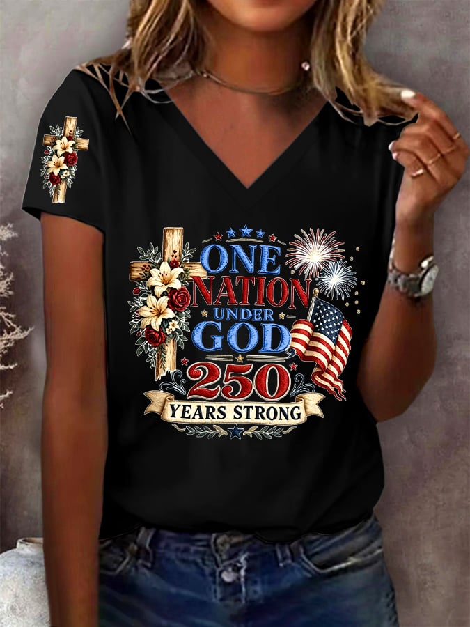 Women's One Nation Under God 250 Years Strong Print V Neck T-shirt
