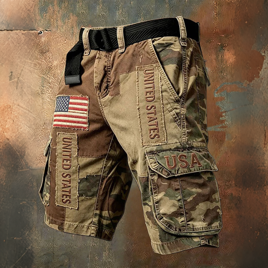 Men'S Retro American Flag Independence Day Multi Pocket Printed Workwear Shorts (Without Waistband)