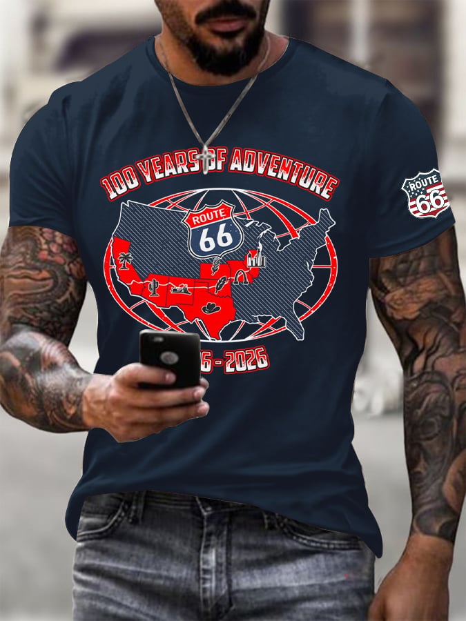 Men's Vintage USA Flag Road Trip Print Round Neck T-shirt