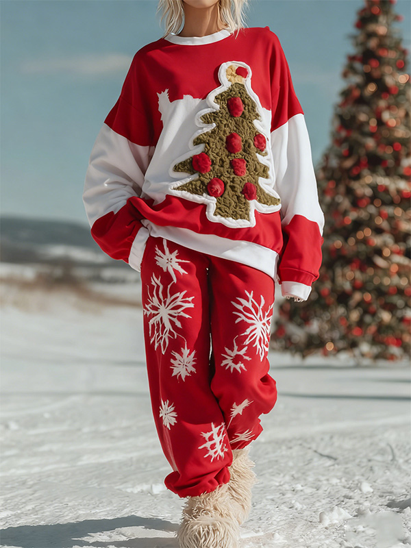 Women's Christmas Tree Snowflake Print Long Sleeve T-Shirt Thin Sweatshirt Casual Pants Matching Set