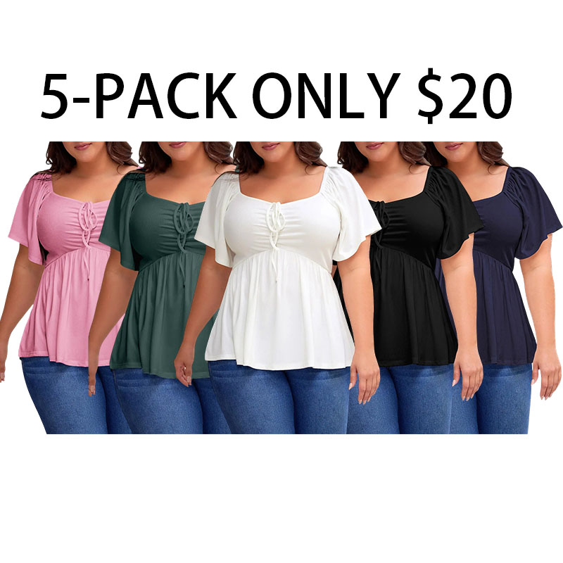 Women Plus Size Sweetheart Neck Short Sleeve Shirred Peplum Rib Blouse Tops Shirts