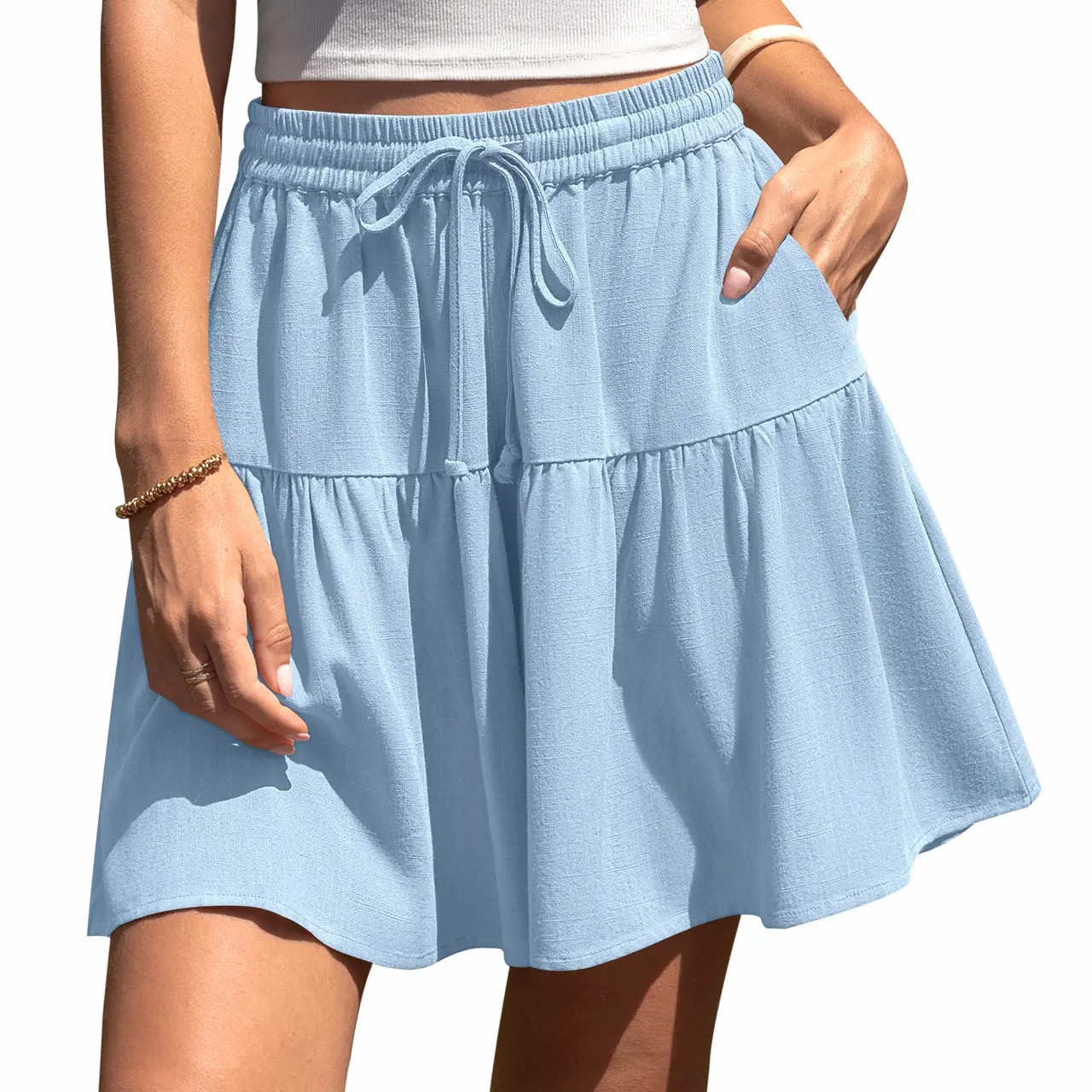 Women’s Linen-Blend Wide Leg Drawstring Summer Shorts