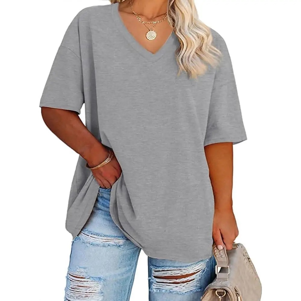 Women's Plus Size V Neck T Shirts Summer Half Sleeve Tees Casual Loose Fit Cotton Tunic Tops