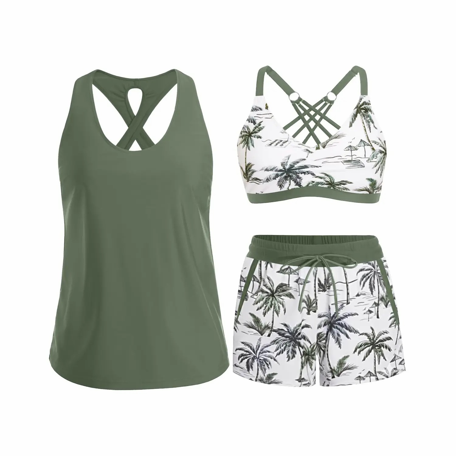 Women's 3-Piece Tankini with Swim Shorts – Modest Athletic Bathing Suit with Pockets