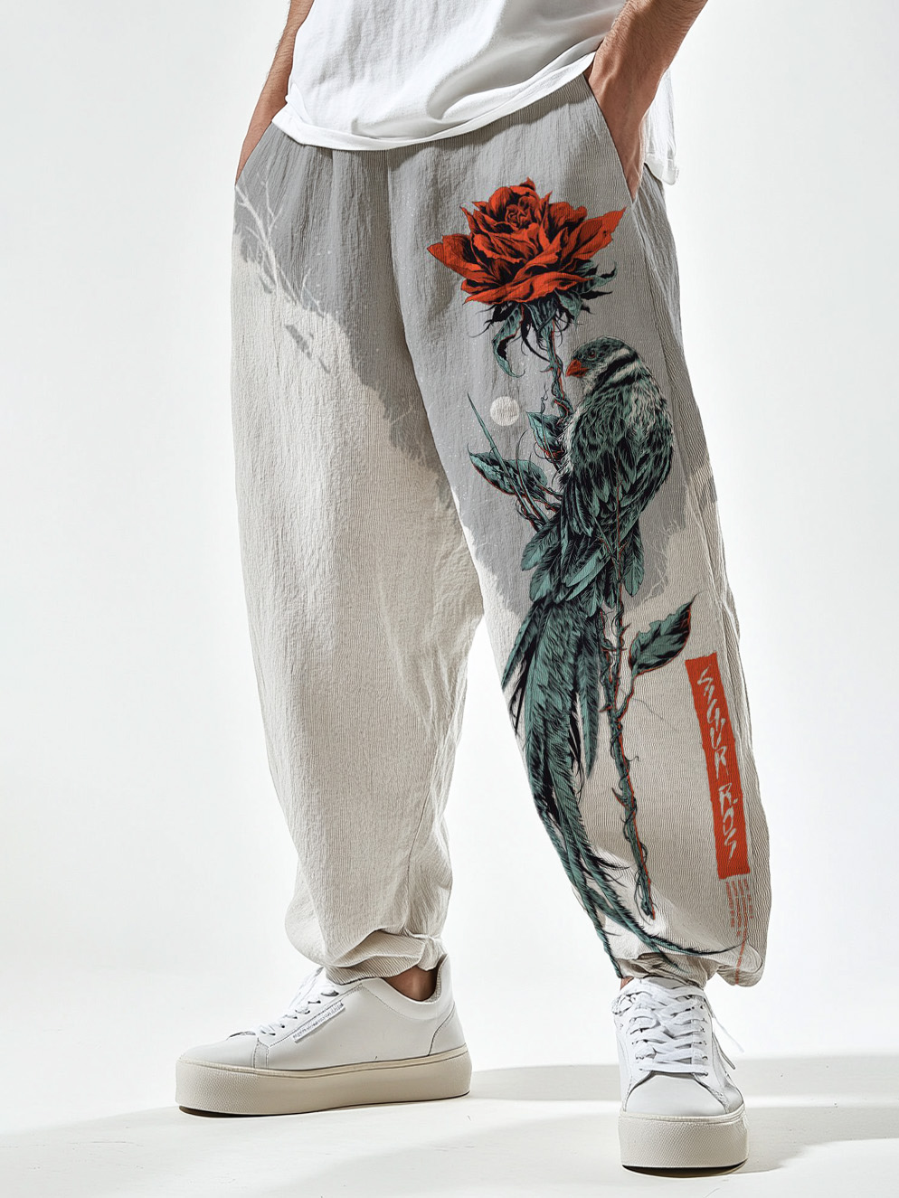 Men's Vintage Bird And Flower Pattern Casual Pants