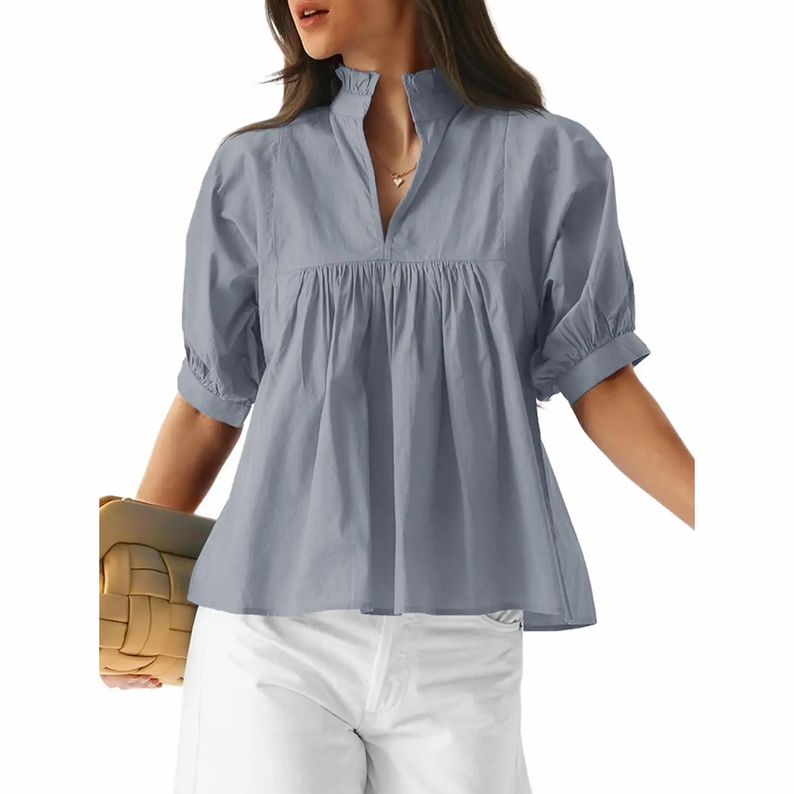 Women's V Neck Puff Sleeve Blouse – Babydoll Peplum Loose Fit Top